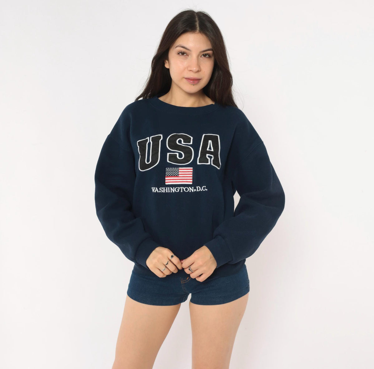 90s USA Washington DC Embroidered Navy Crewneck Sweatshirt American Flag Medium