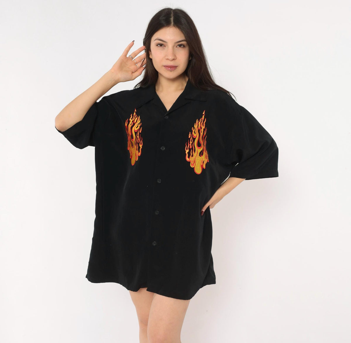 2000s Silver Point Black Bowling Shirt Flame Embroidered Camp Collar Extra Large XL