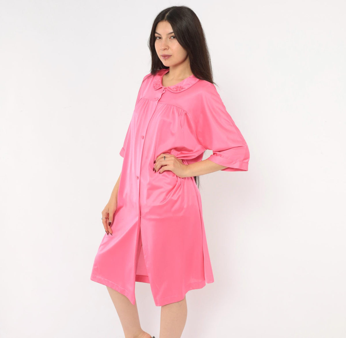 80s Lorraine Pink Satin Robe Peter Pan Collar Embroidered Floral Large