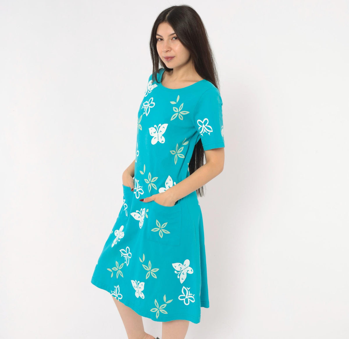90s M. Mac Butterfly Shift Dress Teal Cotton Knee-Length Pockets Small S