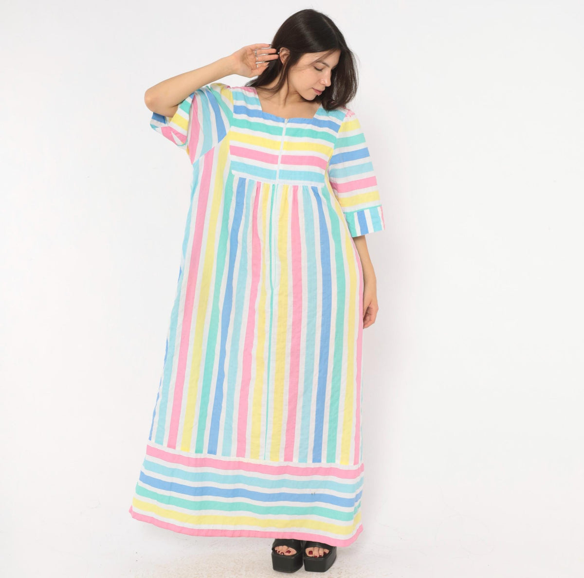 80s Saybury Pastel Striped Maxi Dress Square Neck Empire Waist Extra Large