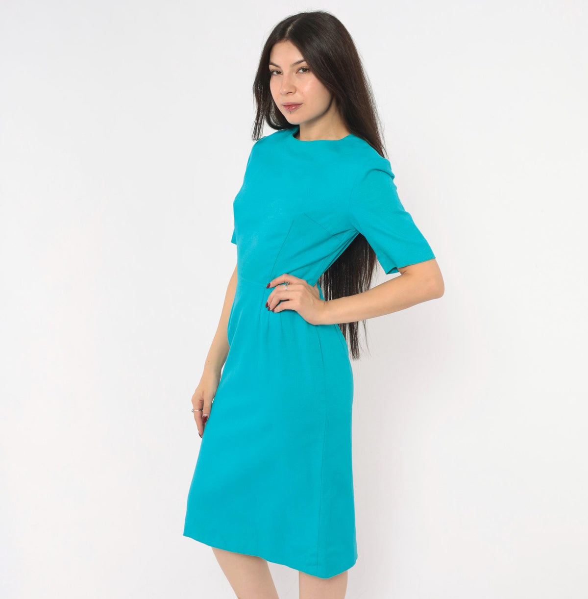 60s Teal Sheath Dress Puff Sleeve Back Zipper Knee Length Extra Small
