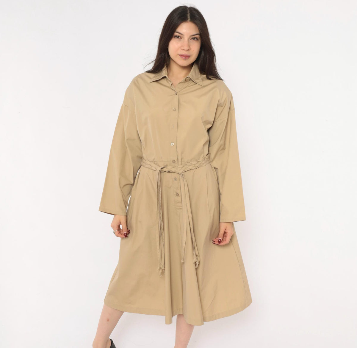 80s Tan Shirt Dress Braided Belt Pointed Collar A-Line Knee Length Large