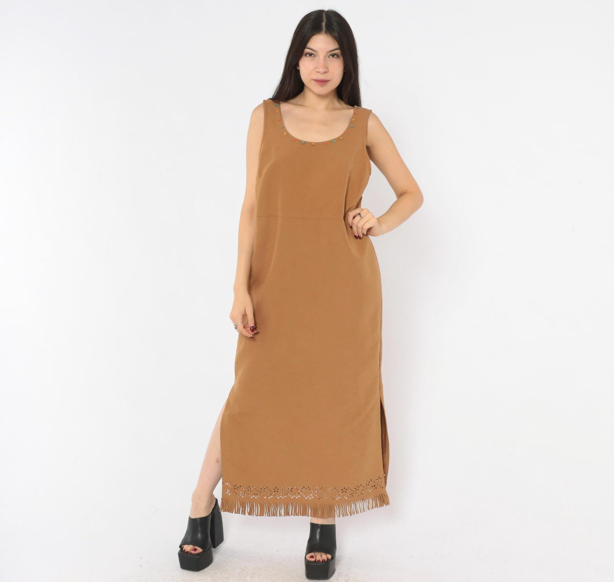Jessica Howard 2000s Tan Faux Suede Maxi Dress Beaded Scoop Neck Fringe Medium M