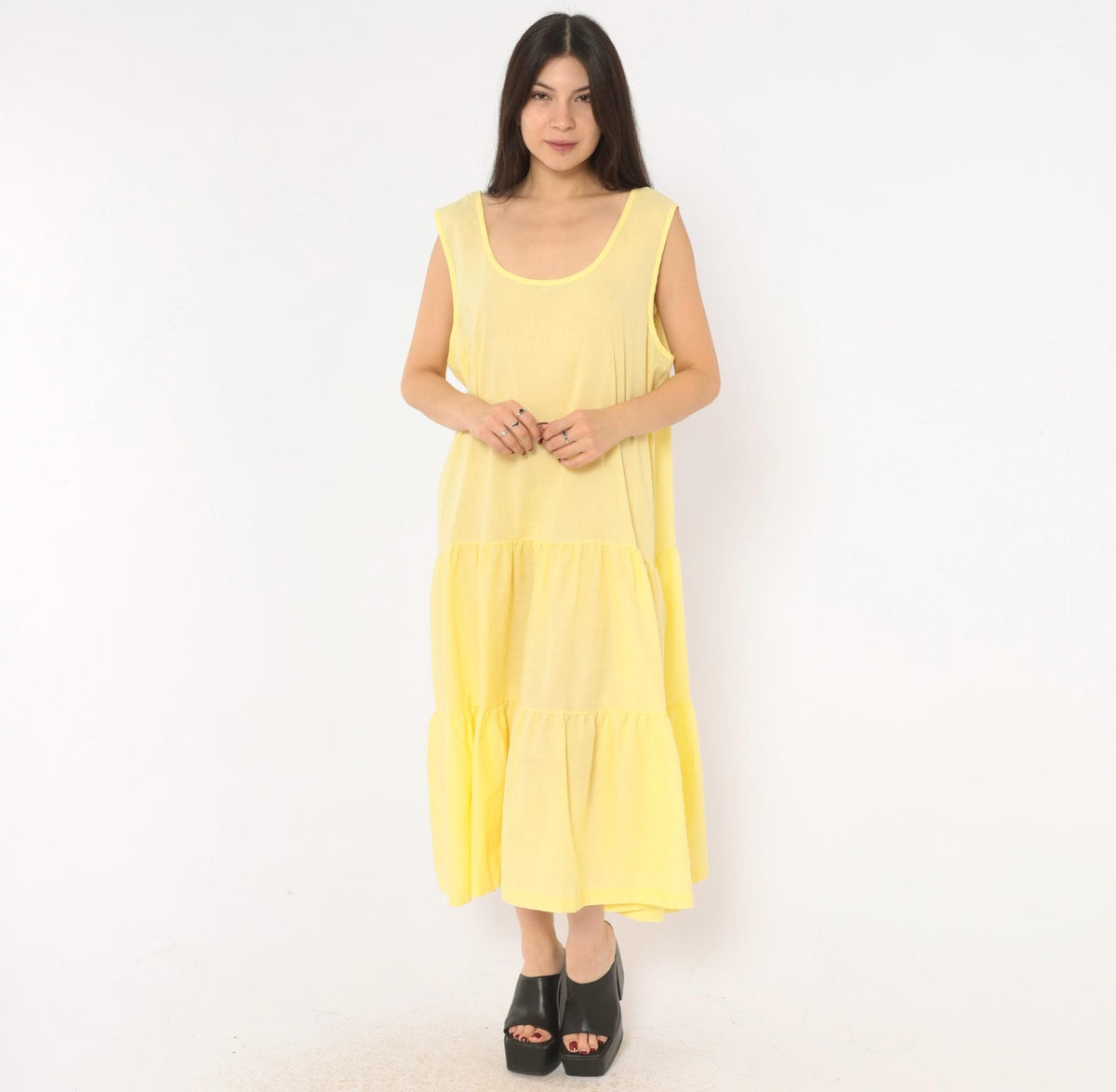 90s Butter Yellow Tiered Midi Sundress Anne Leslie Plus Scoop Neck XXL