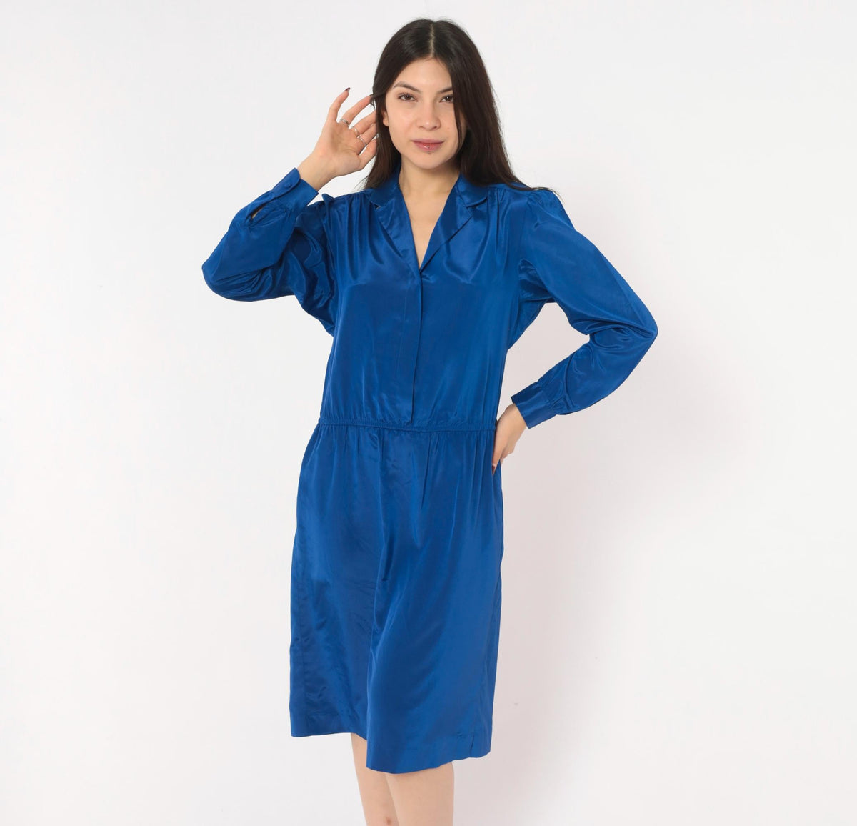 80s Cobalt Blue Satin Shirt Dress V Neck Gathered Waist Knee Length Medium M