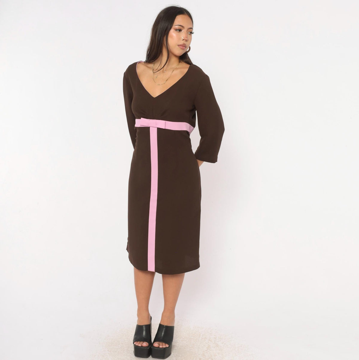 Y2K Robbie Bee Brown Midi Dress Pink Bow Belt V-Neck Empire Waist Large L