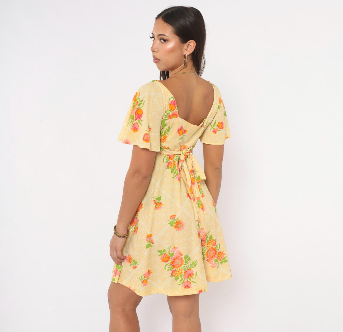 70s Floral Mini Dress Yellow Pink Flutter Sleeve Empire Waist Extra Small XS