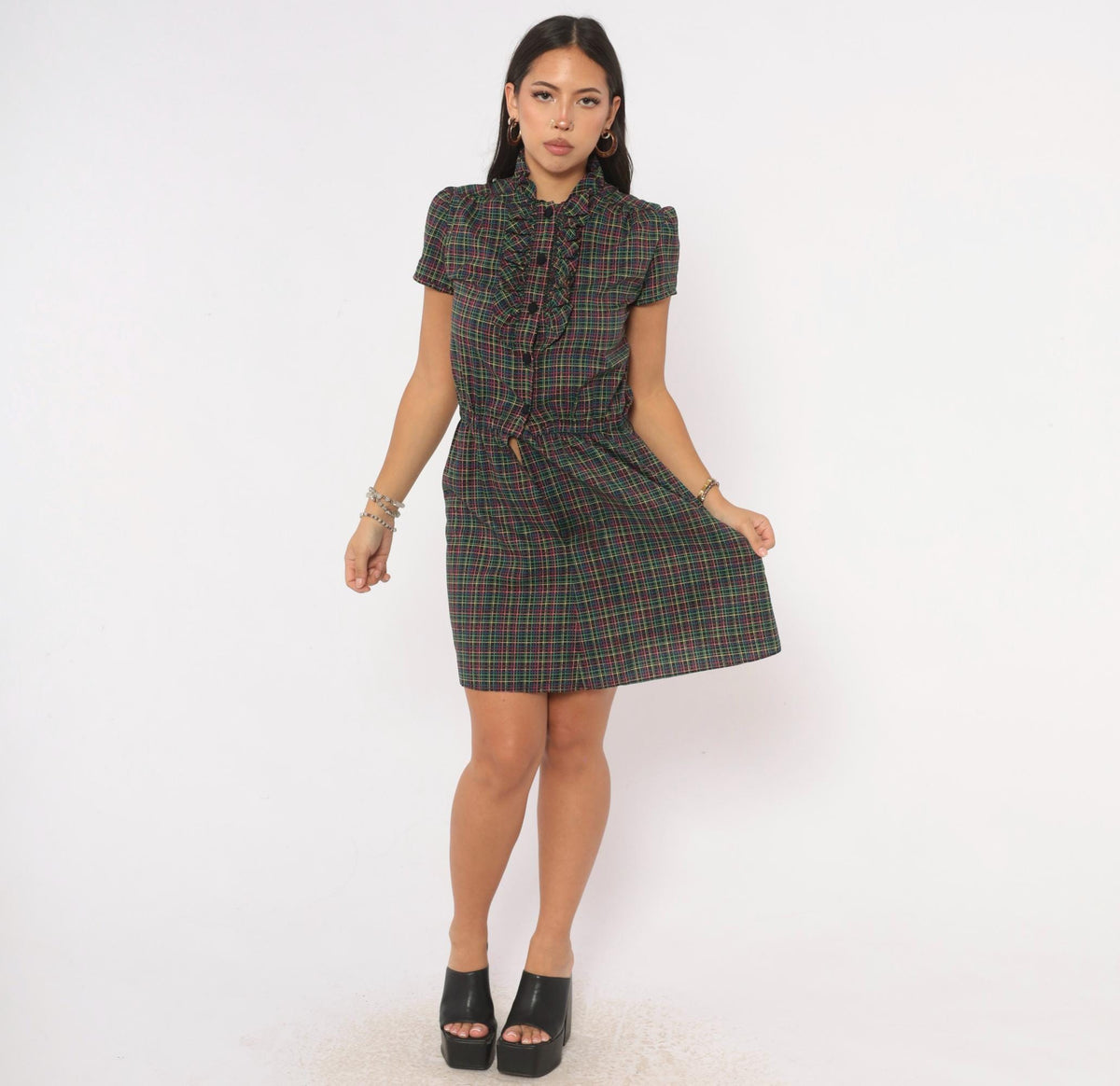 70s Plaid Dress Black Pink Green Yellow Check Ruffle Mock Neck Puff Sleeve Small