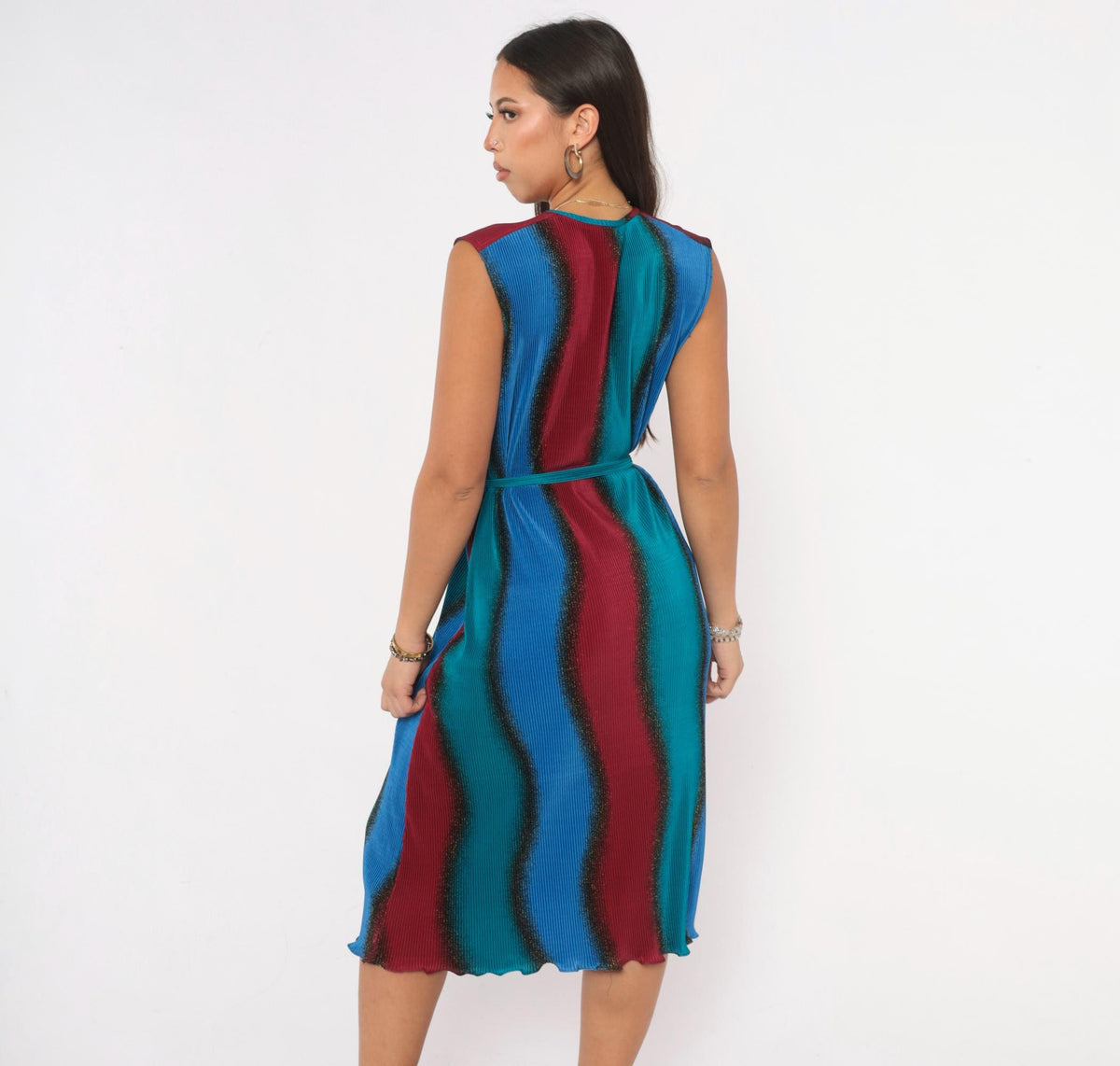 90s Plisse Pleated Ombre Dress Cobalt Blue Burgundy Sleeveless Large