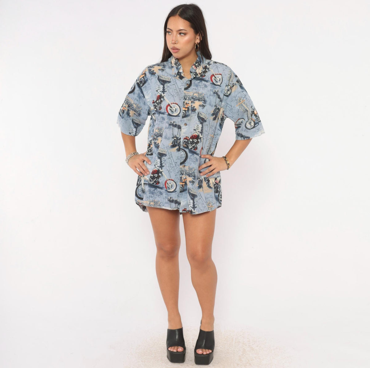 Y2K Redhead Motorcycle Print Button-Up Shirt Blue Cotton Medium