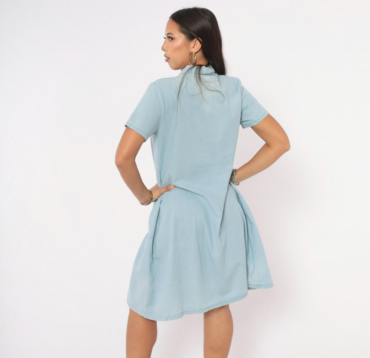 90s Light Blue Chambray Denim Shirt Dress Tiered Knee-Length Cotton Small S
