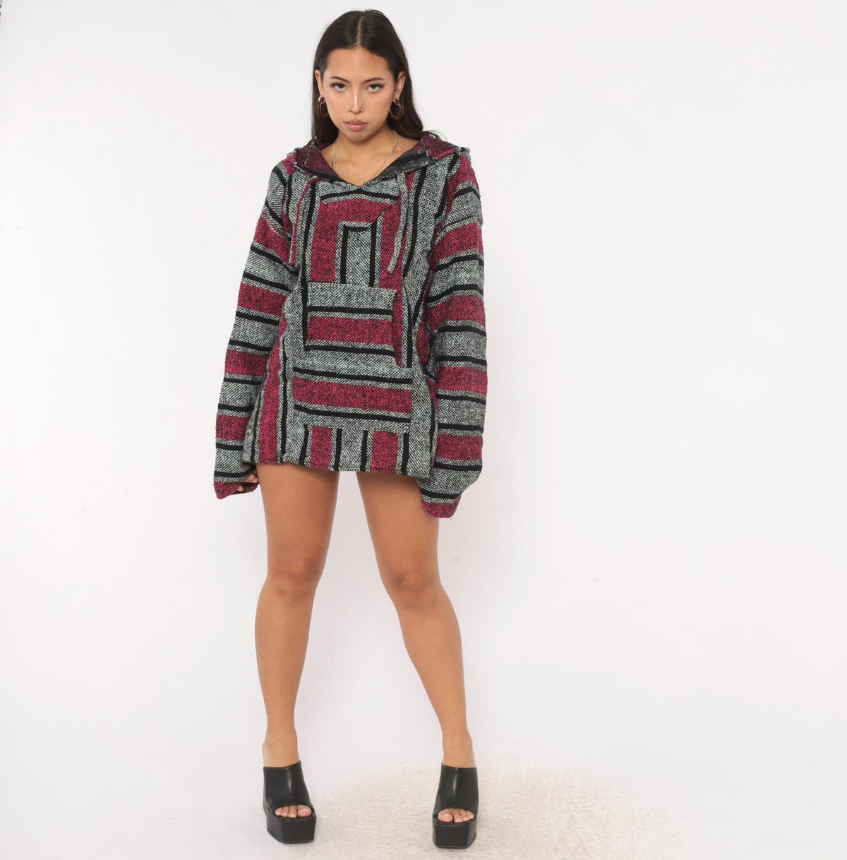 90s Baja Hoodie Pink Black Grey Striped Woven Pullover Large L