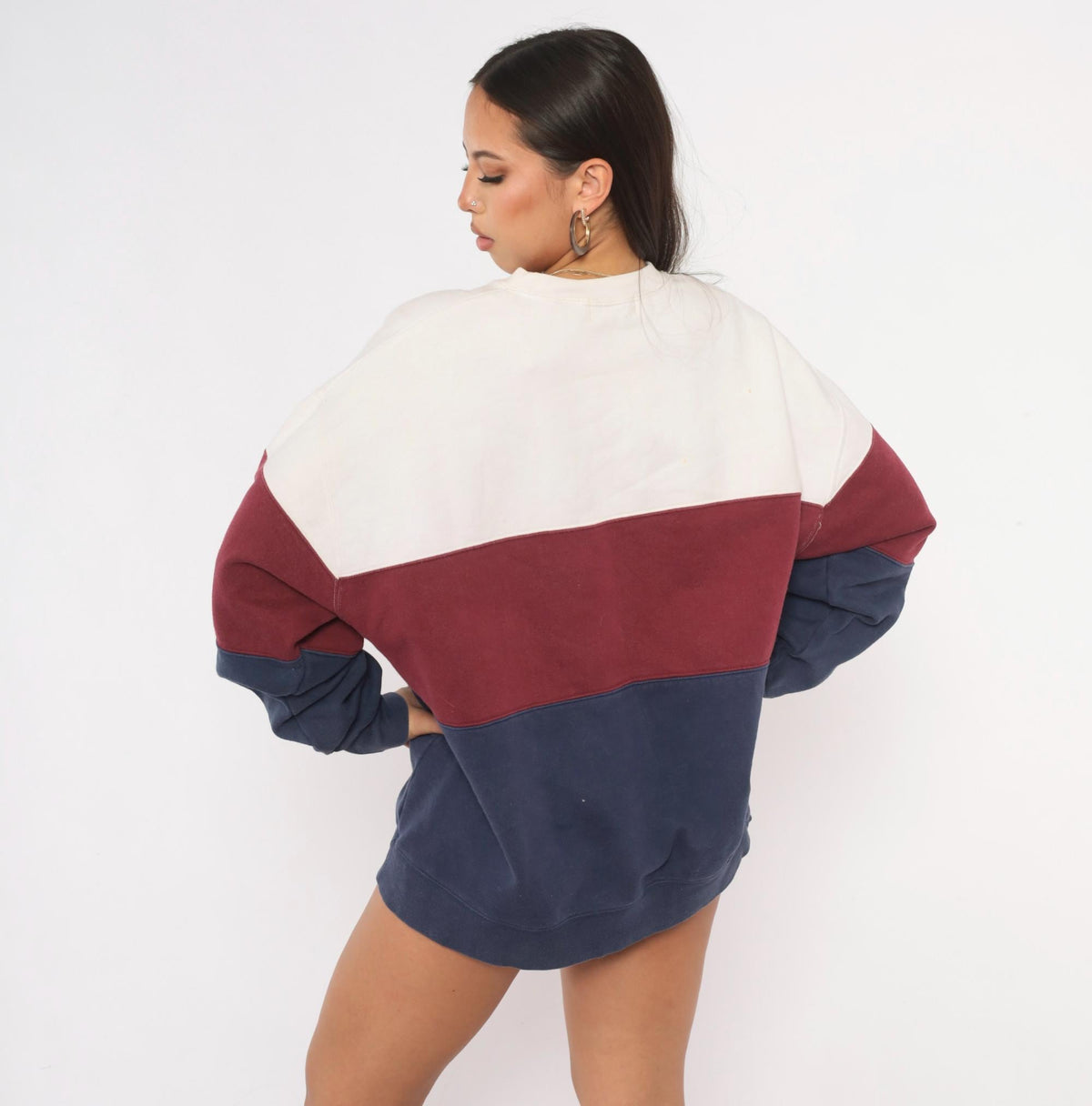90s Hunt Club Color Block Sweatshirt Cream Burgundy Navy Crewneck Large L