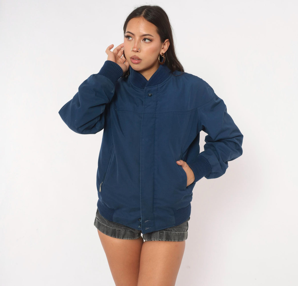 80s Baracuta Bomber Jacket Navy Blue Tartan Lining Medium