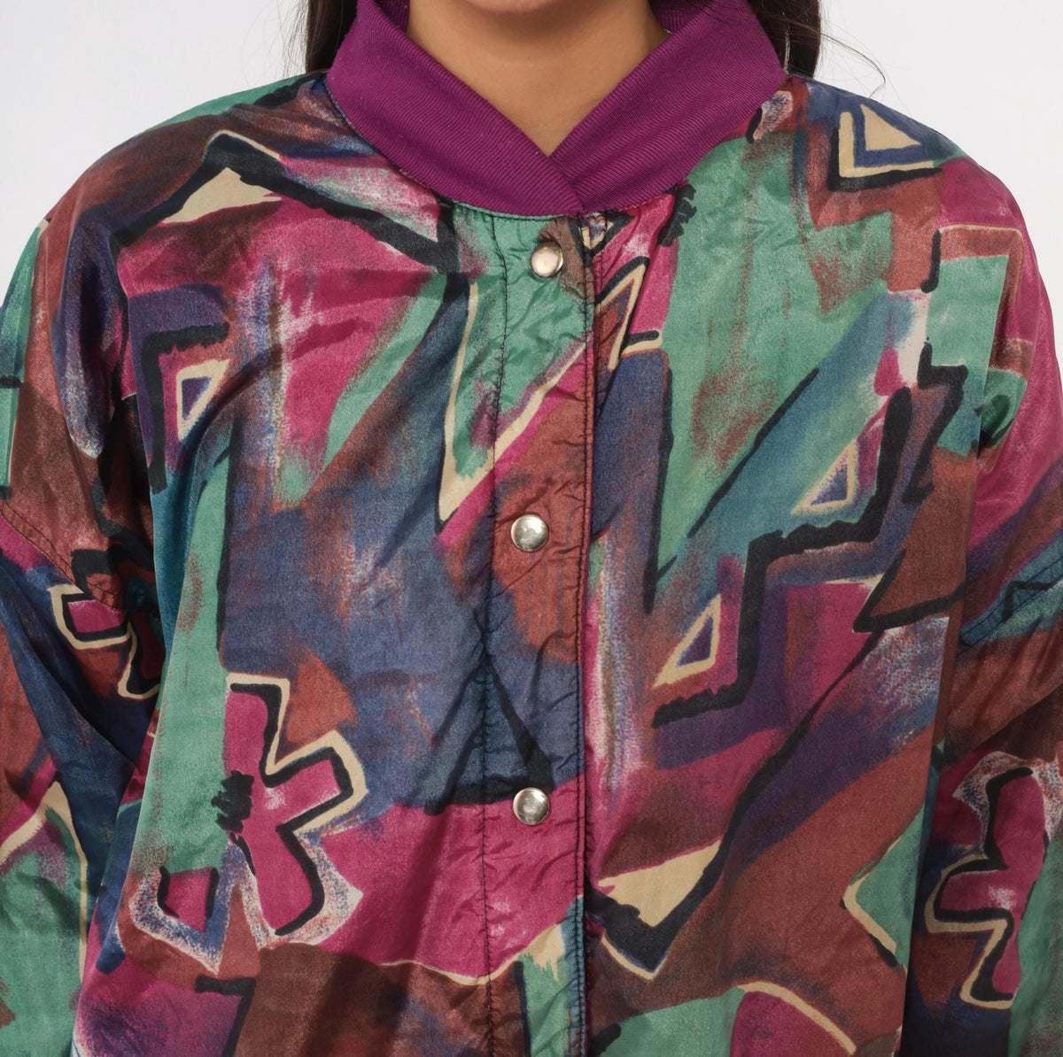 80s Abstract Reversible Bomber Jacket Purple Green Geometric Snap Front Medium