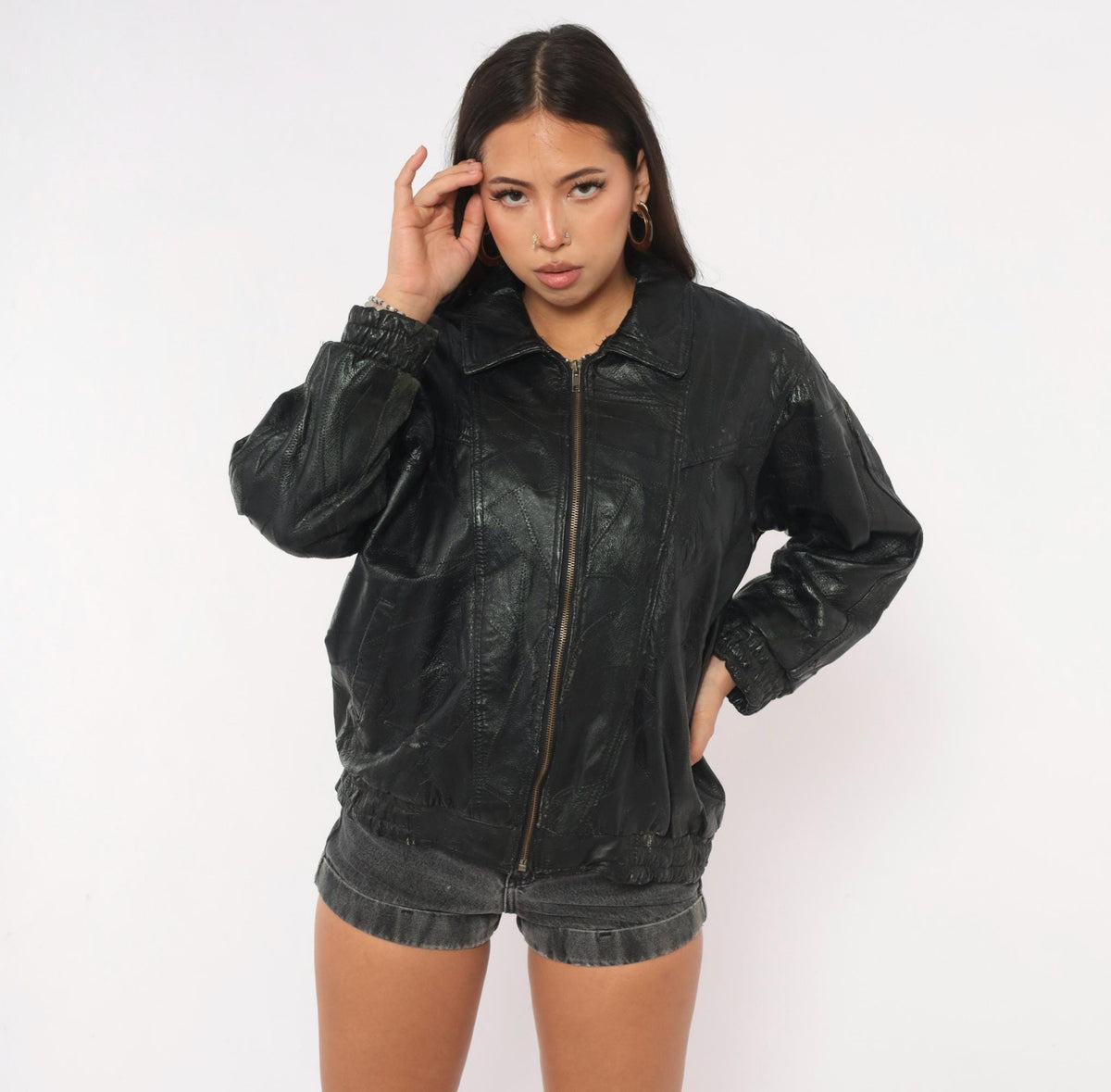 90s Italian Stone Design Black Leather Patchwork Bomber Jacket Small S