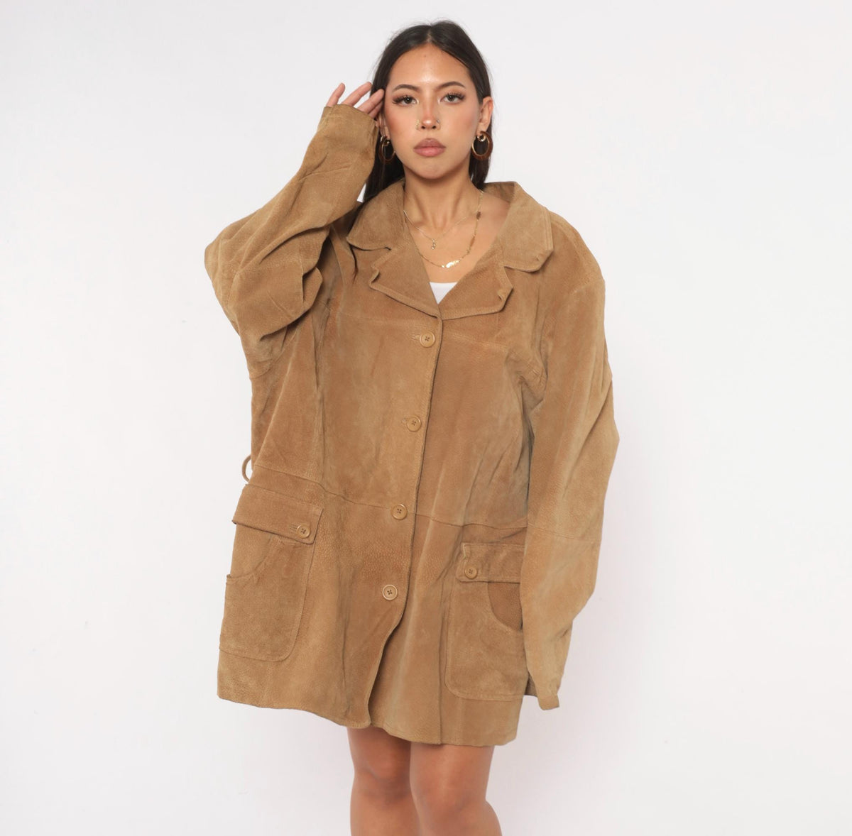 00s Concepts Tan Suede Jacket Belted Button Front Notched Collar Plus Size 3X