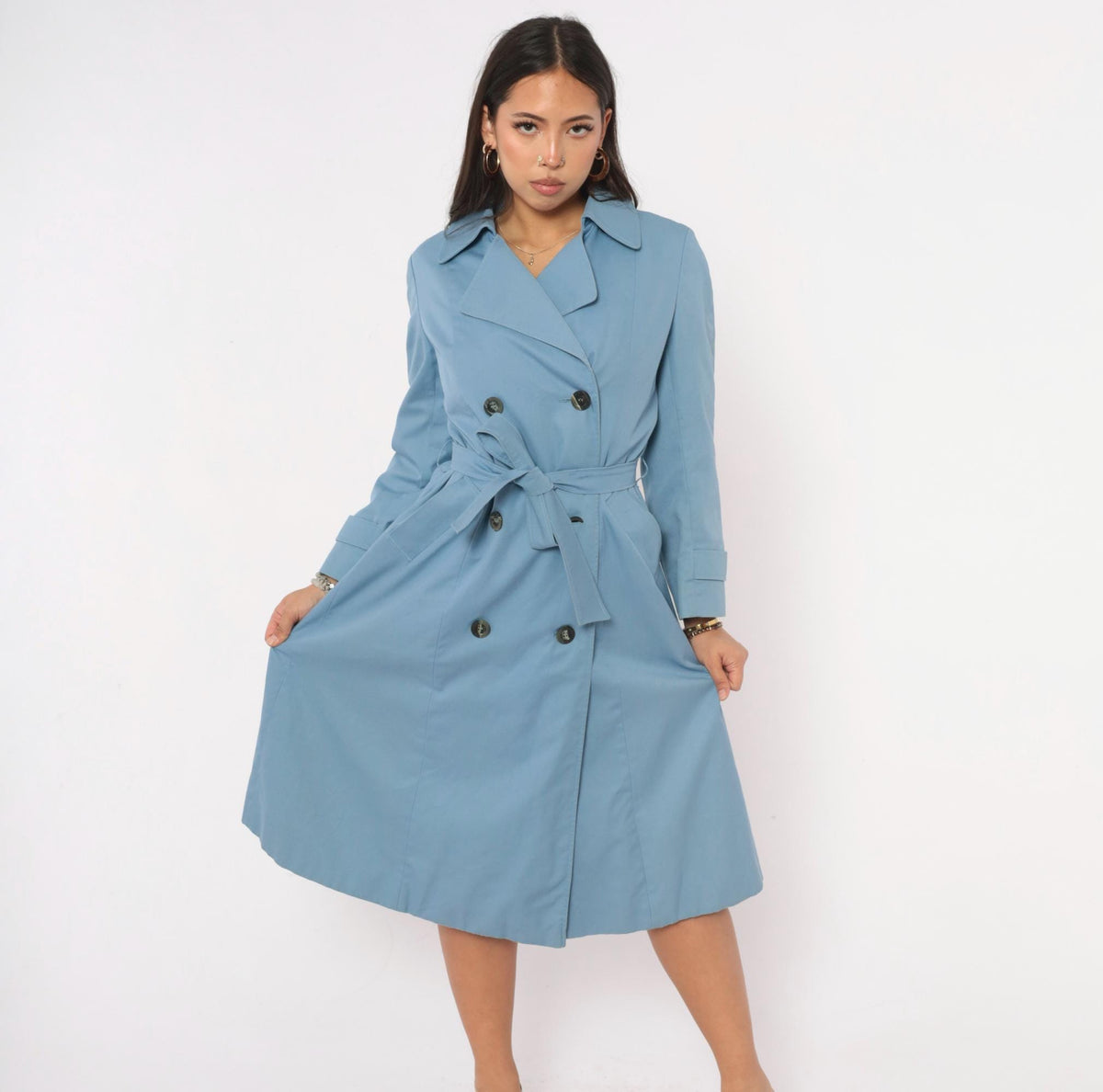 70s Aquascutum Light Blue Trench Coat Double Breasted Cotton Small