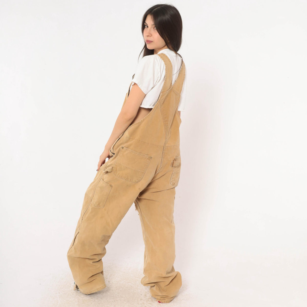 90s Carhartt Tan Duck Canvas Bib Overalls Distressed Workwear Small
