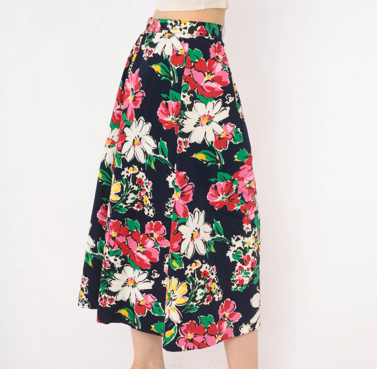 80s Navy Floral Midi Skirt A-Line Daisy Print Cotton Small S