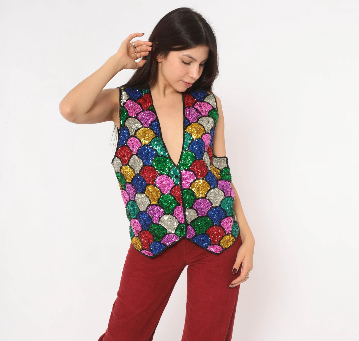 90s Ana Mori Rainbow Sequin Vest Multicolor Mosaic Scale V-Neck Large L