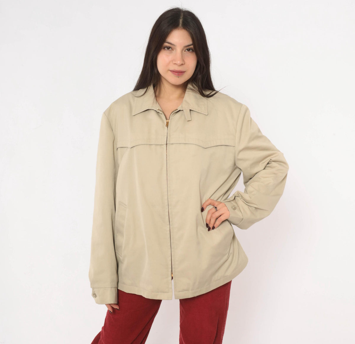 80s Sears Beige Harrington Jacket Western Yoke Pointed Collar Unisex Large