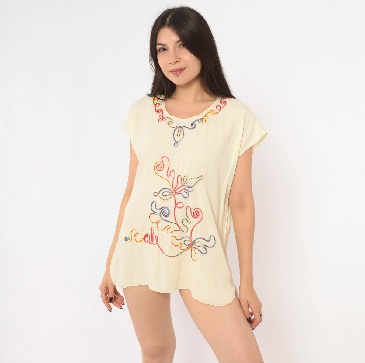 Y2K Cream Blouse Rainbow Soutache Embroidered Floral Cap Sleeve Medium M