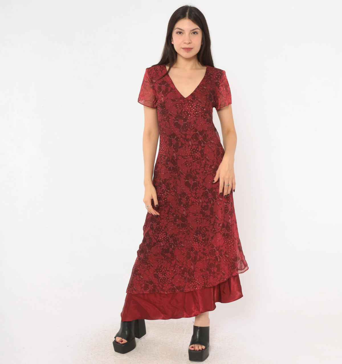 90s Burgundy Floral Midi Dress Positive Attitude Flutter Sleeve Wine Red Medium M