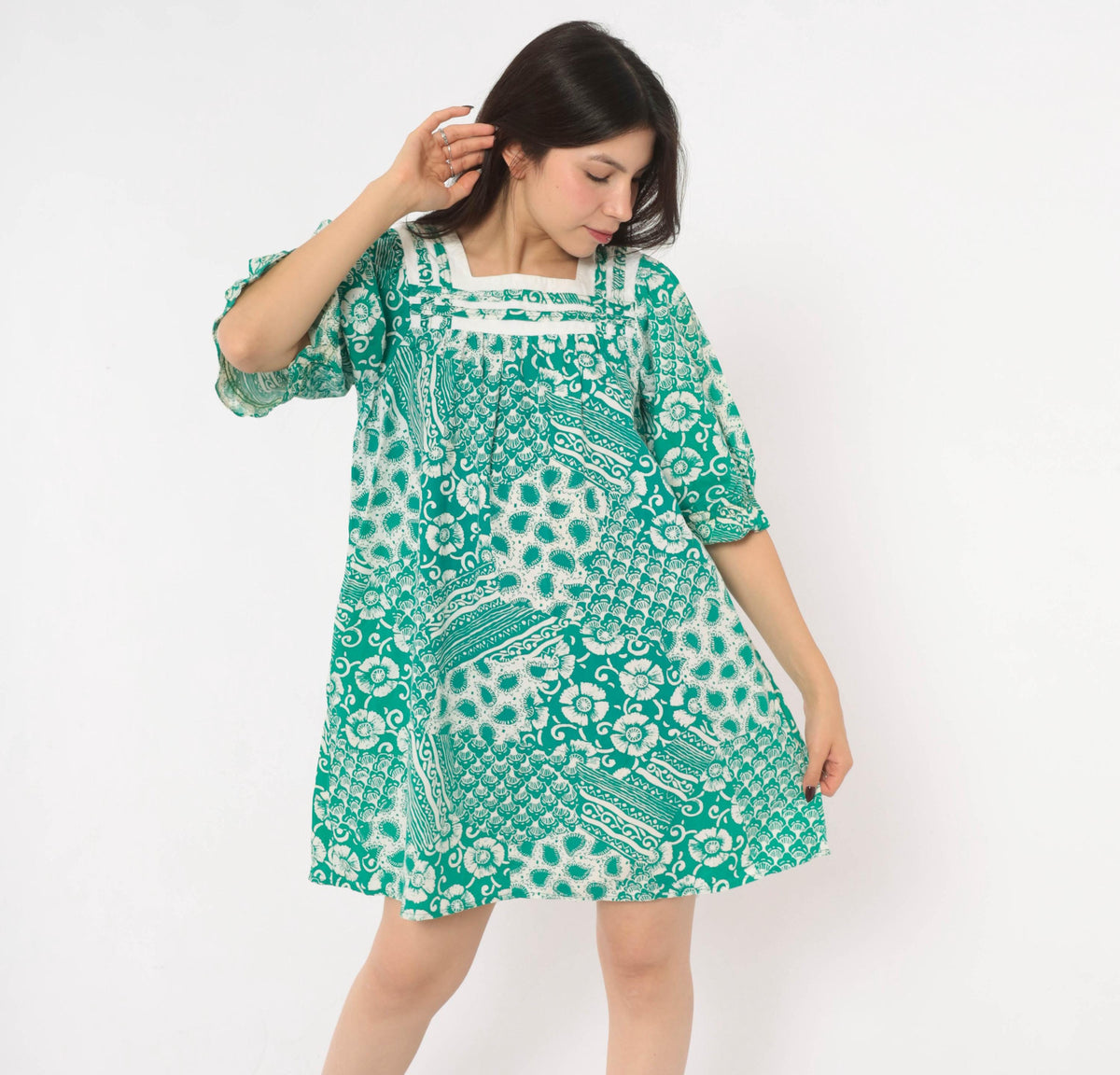 90s Expressions Teal Batik Floral Cotton Dress Square Neck Puff Sleeve Medium M
