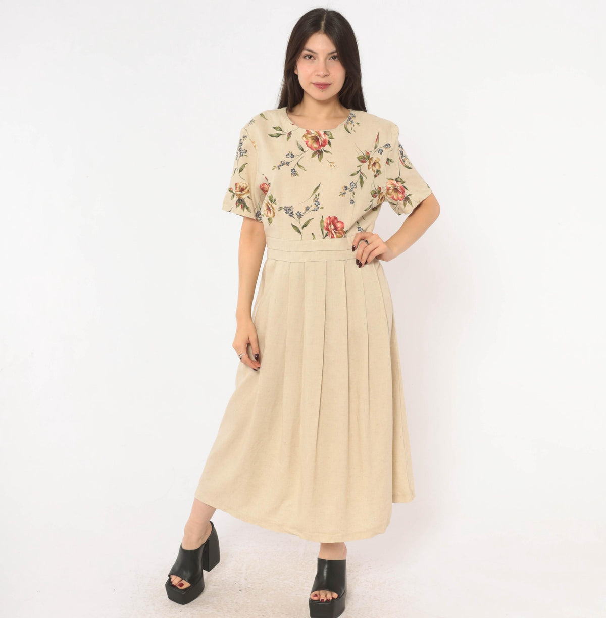 90s Just in Thyme Floral Midi Dress Cream Rose Print A-Line Large L