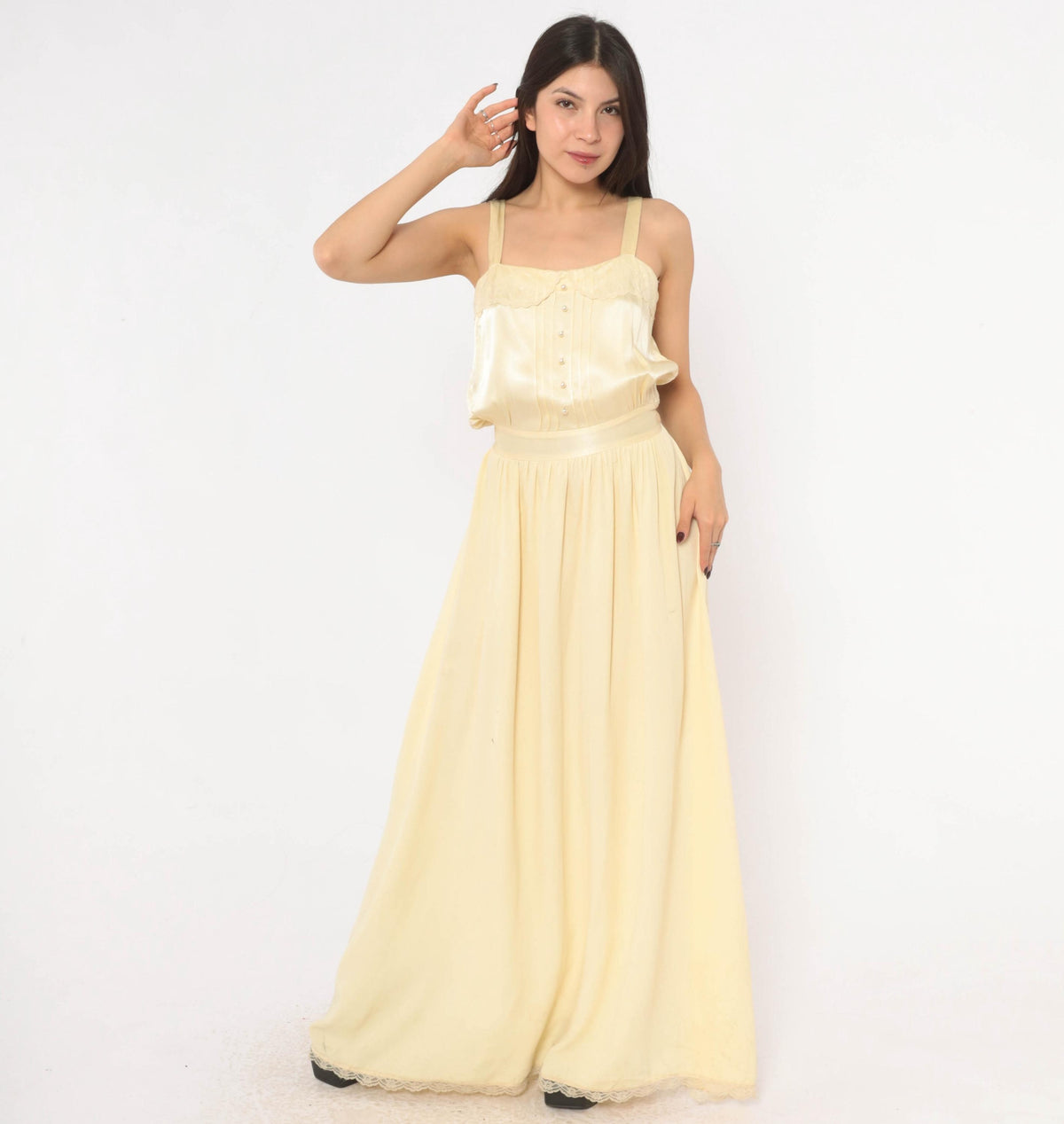 70s Gunne Sax Maxi Dress Cream Satin Lace Pearl Button Spaghetti Strap Medium M