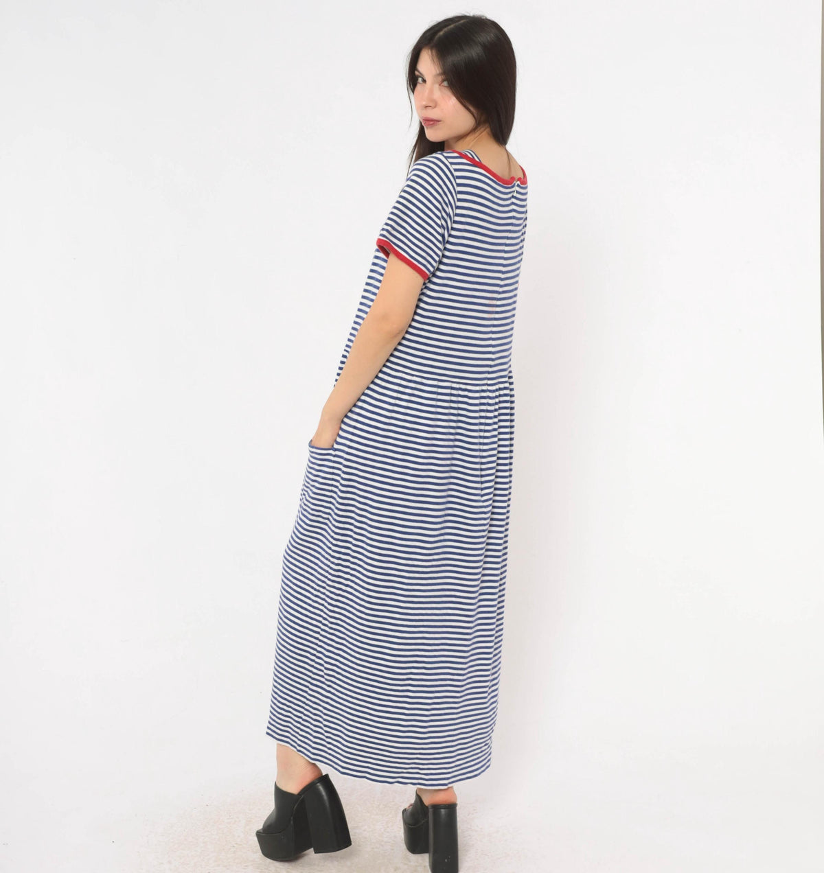90s Talbots Striped Cotton Maxi Dress Cobalt Blue White Red Trim Large L