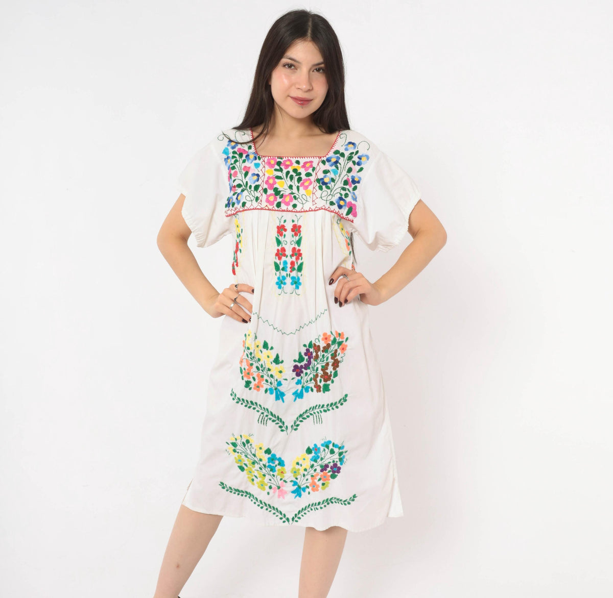 90s Mexican Embroidered Cotton Dress White Floral Puff Sleeve Square Neck Small