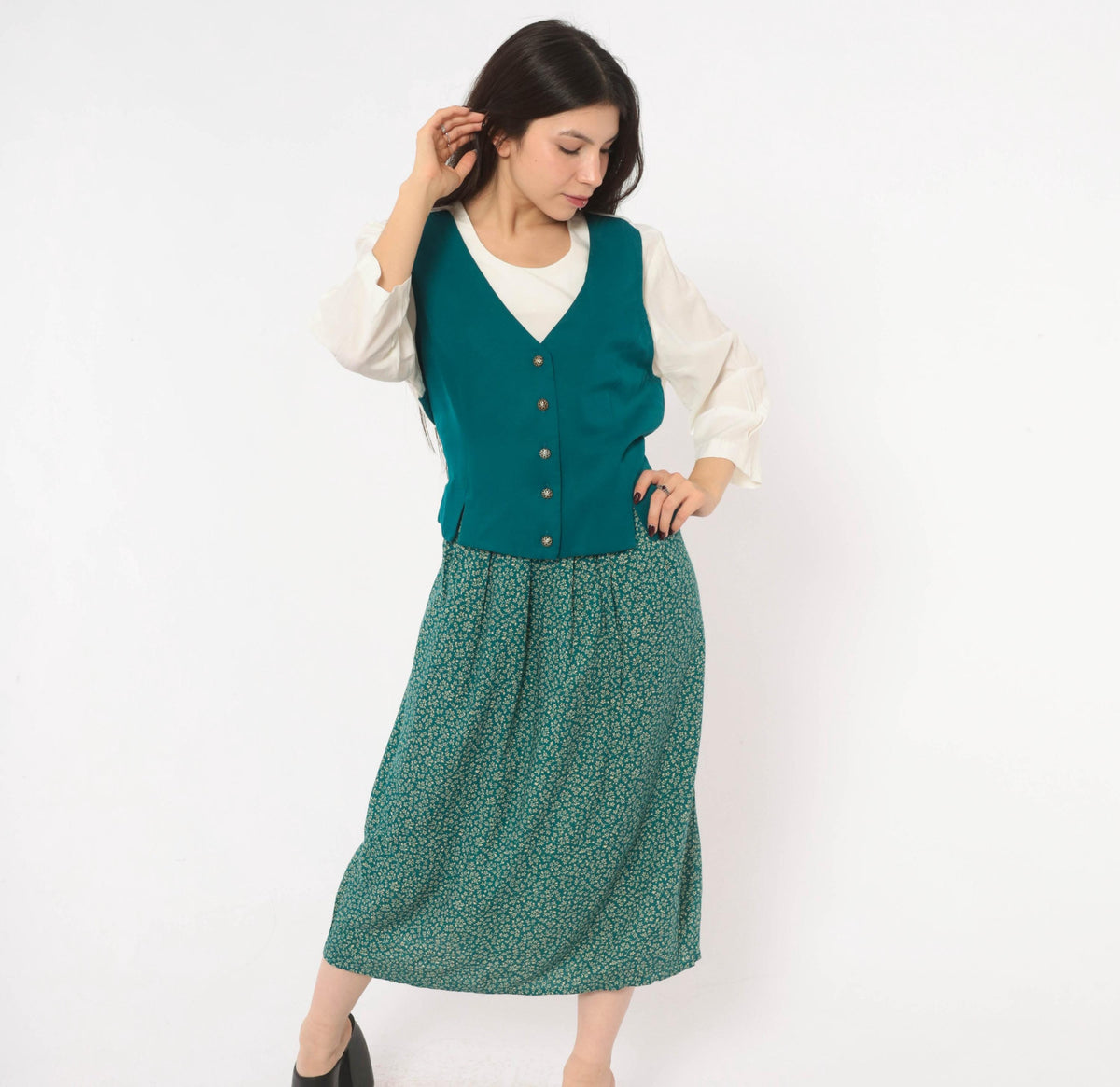 90s Olivia Rose Ditsy Floral Midi Dress Teal Green Vest Bodice Large L