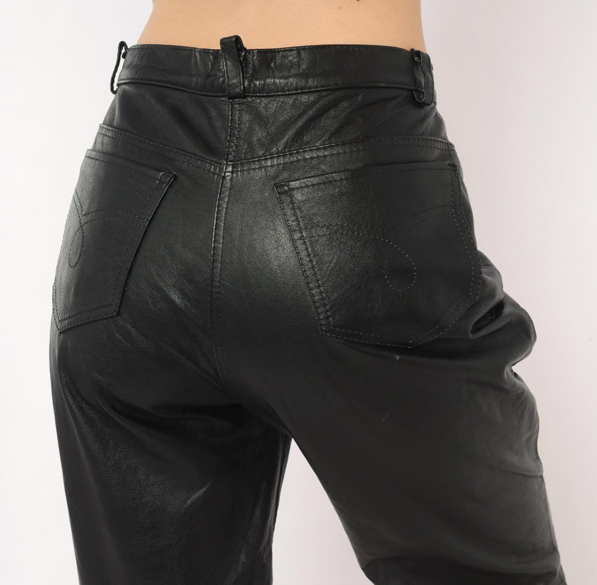 90s Black Leather Pants High Waist Straight Leg Moto Trousers Medium M