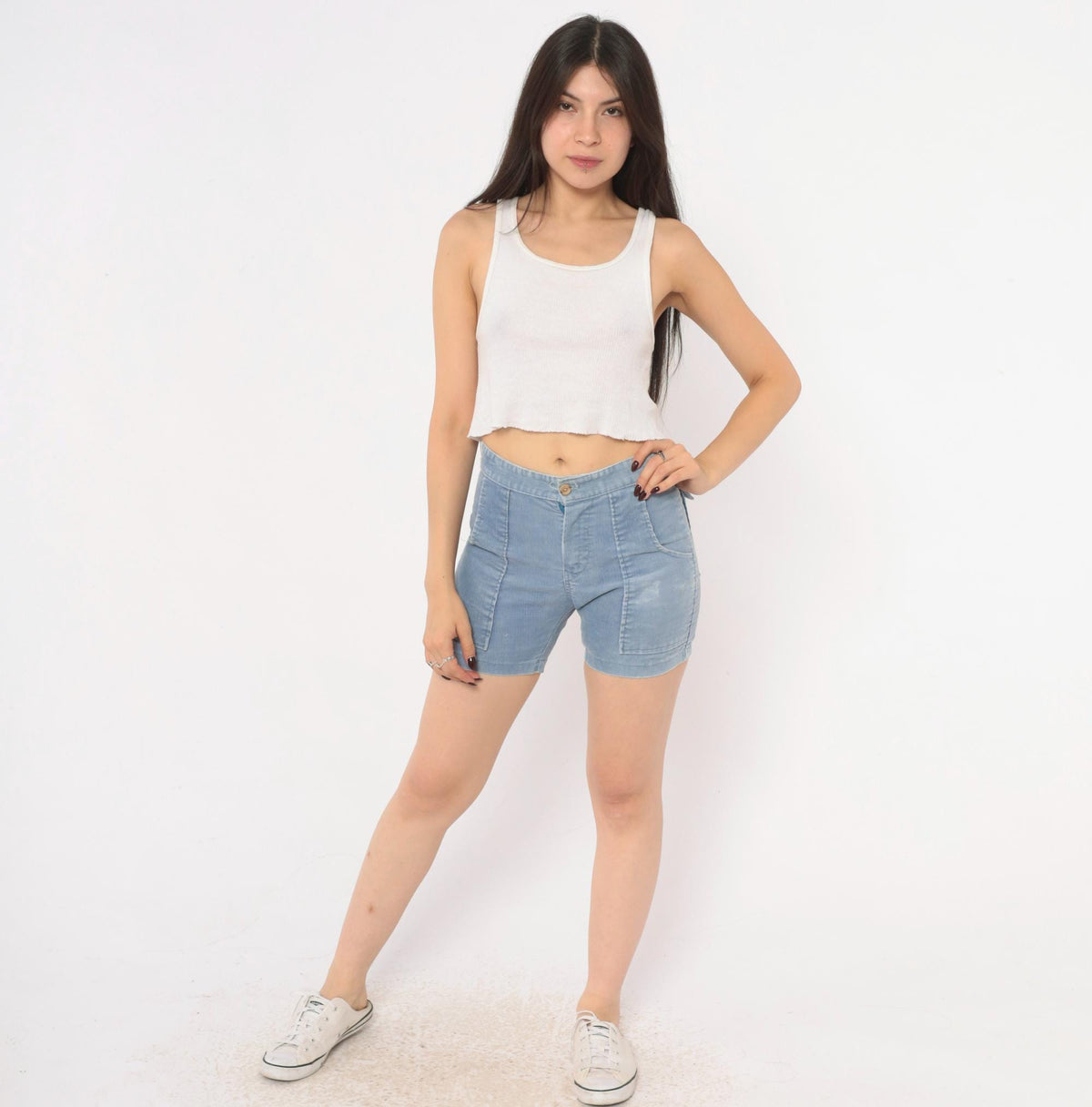 80s Towncraft Light Blue Corduroy Shorts High Waisted Cuffed Cotton Extra Small XS