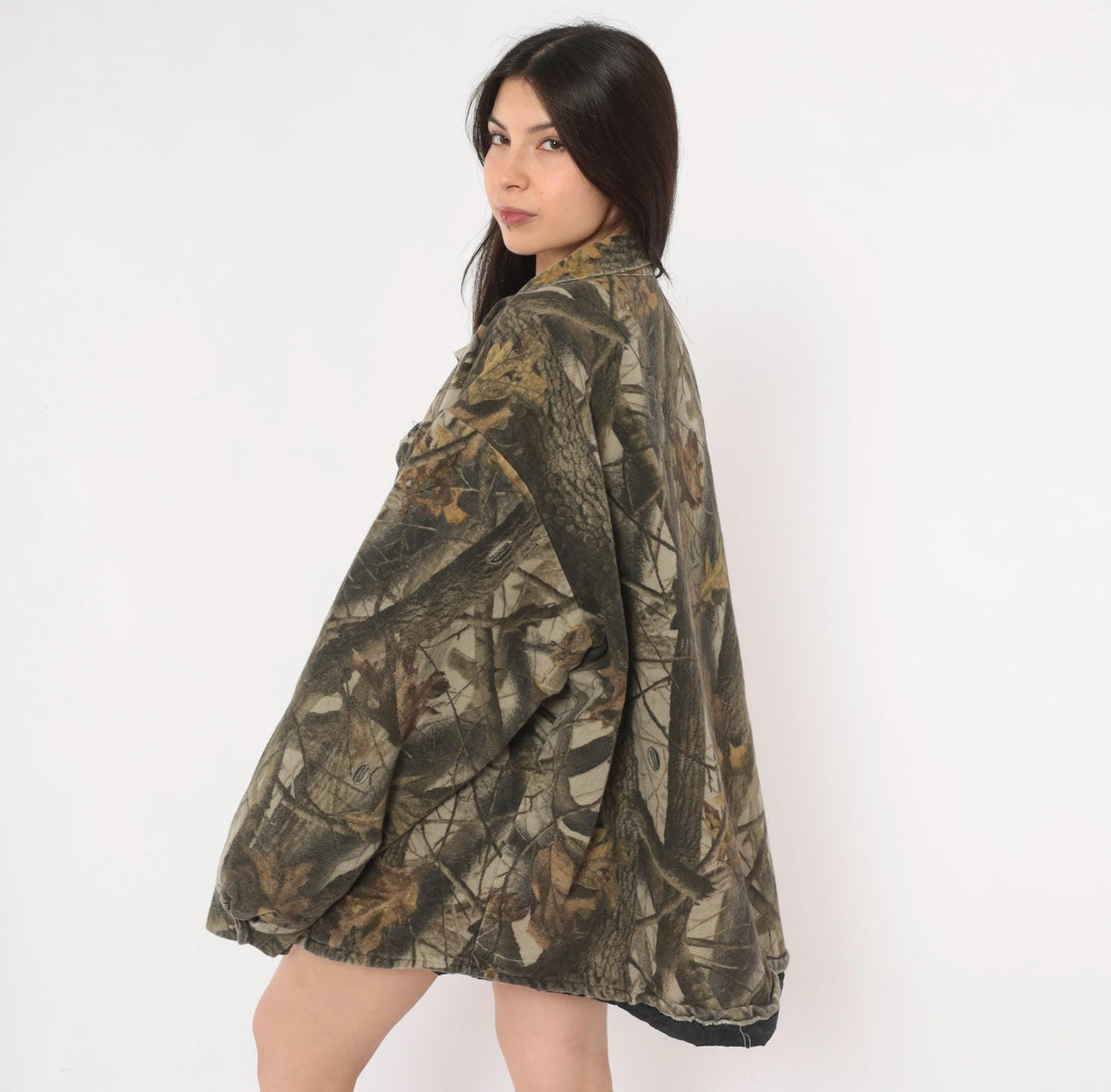 90s Realtree Camo Button Shirt Grey Brown Tree Leaf Print Shacket XXL