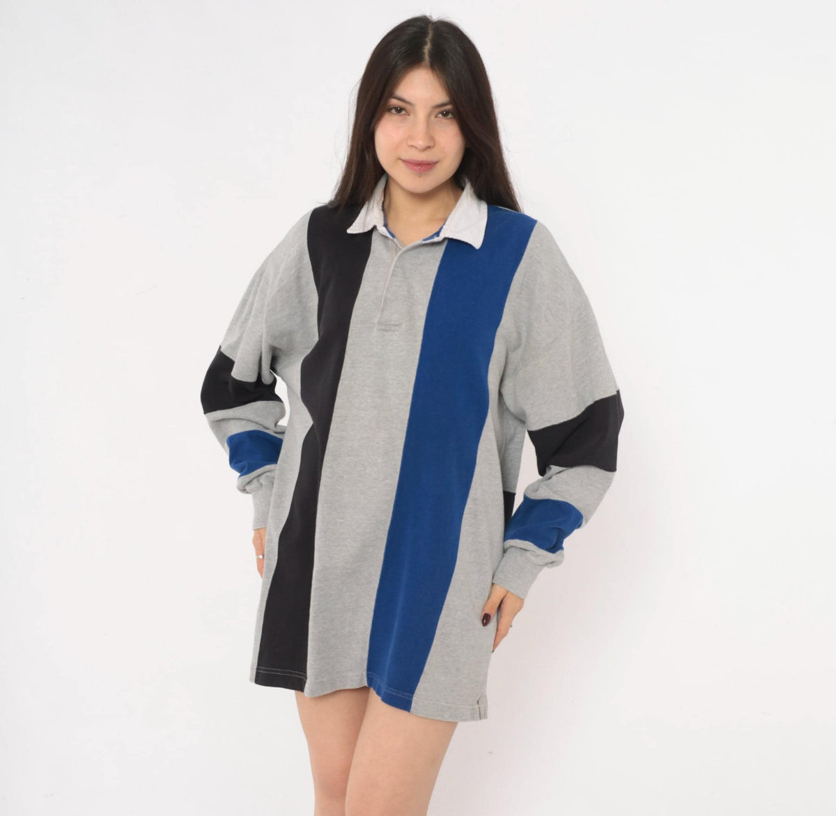 90s St. Johns Bay Rugby Shirt Colorblock Grey Navy Cotton Medium