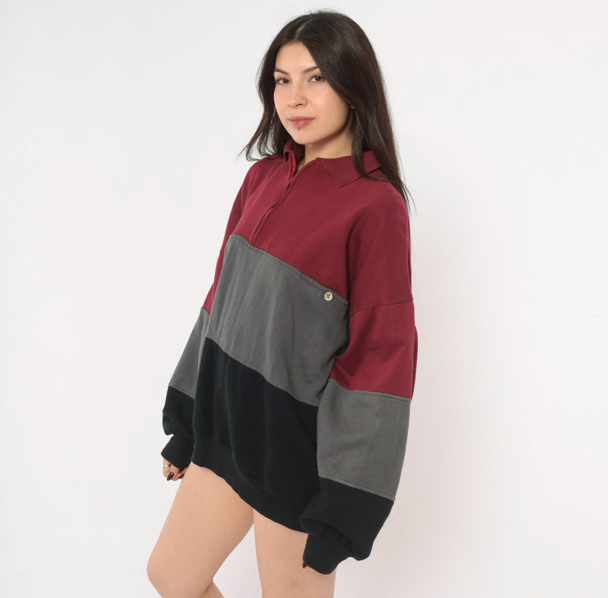 90s Colorblock Quarter Zip Sweatshirt Burgundy Grey Black Extra Large