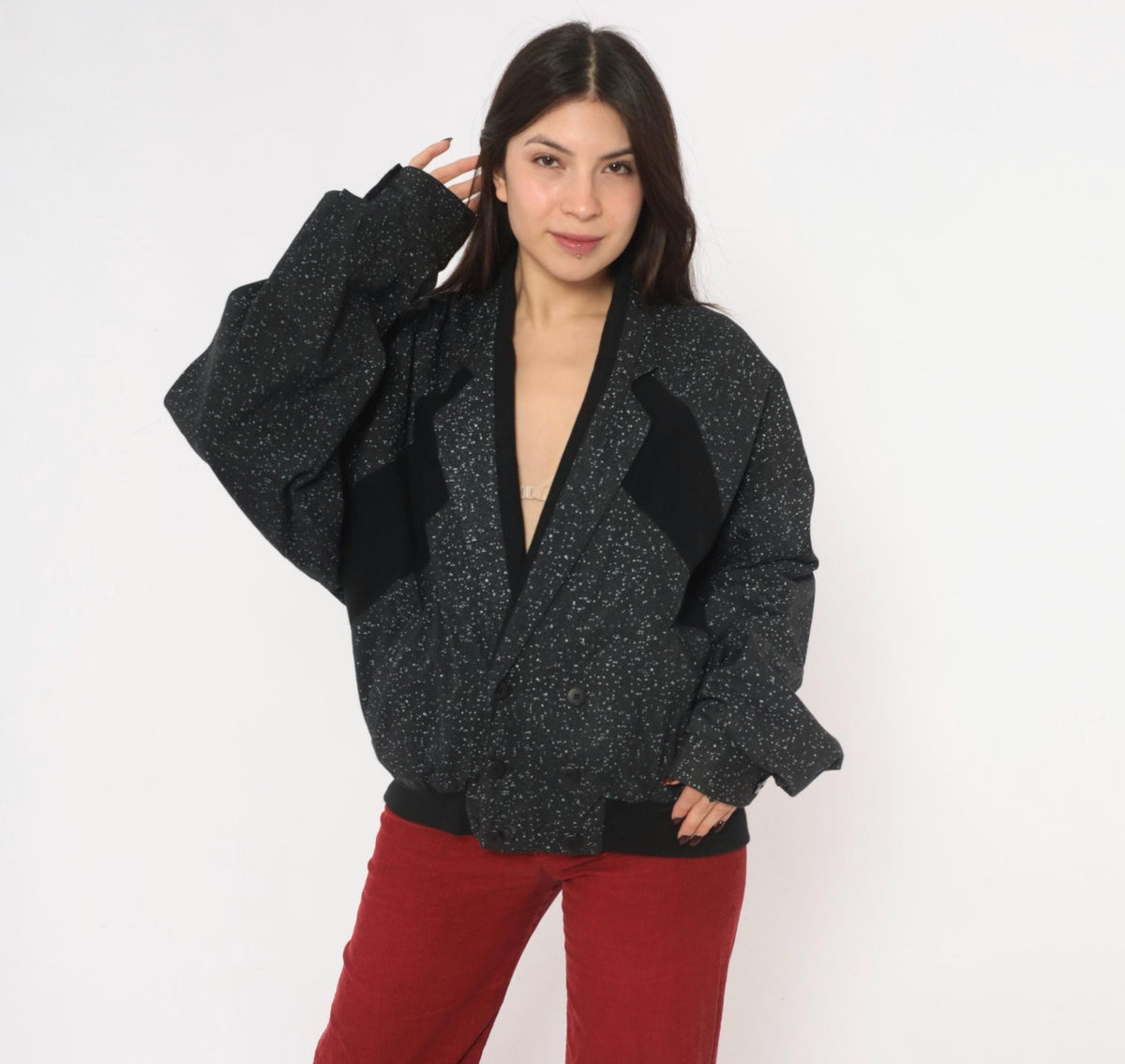 90s Code Zero Black Cotton Bomber Jacket White Speckled Notched Lapel Large L