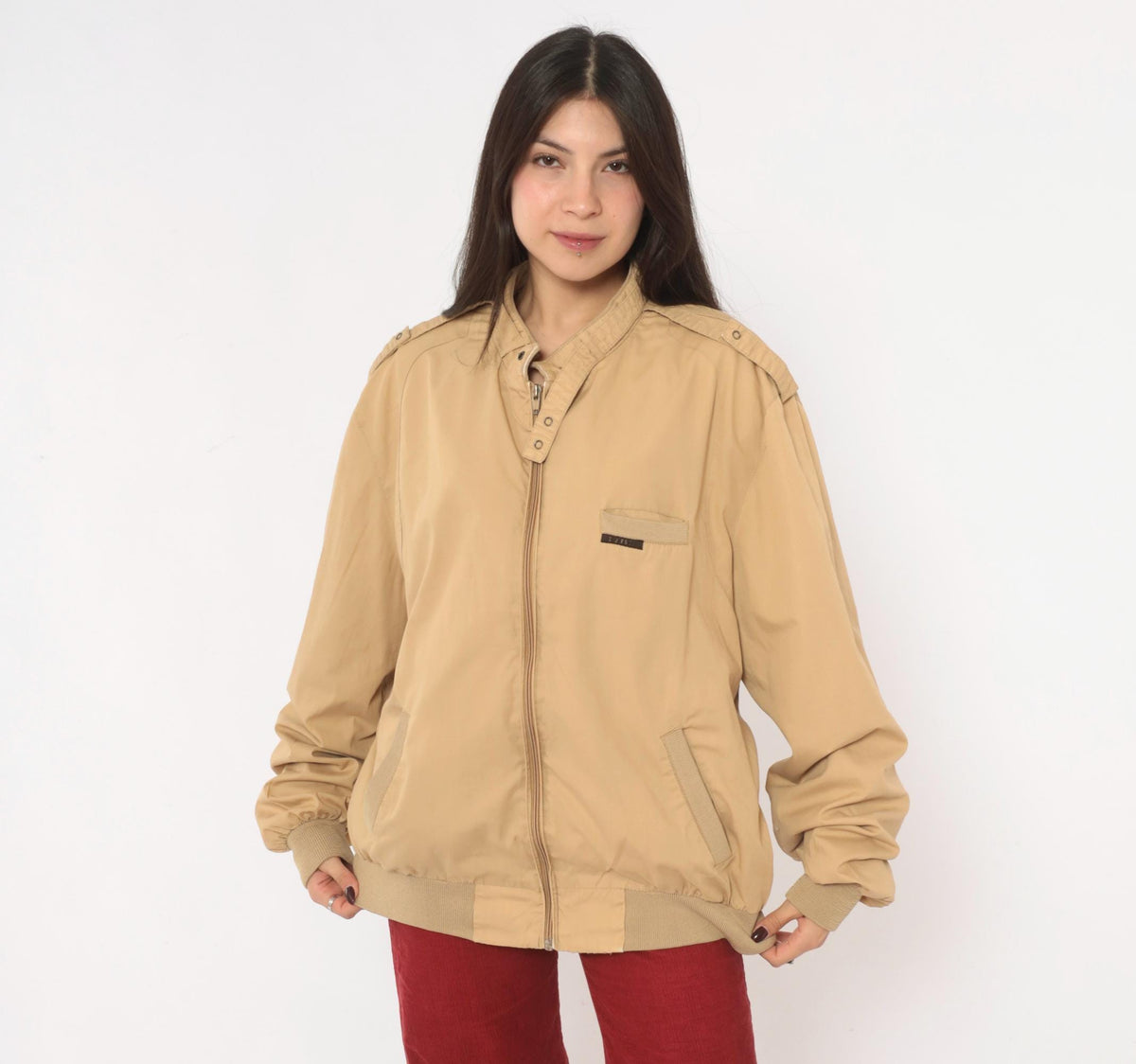 80s Members Only Bomber Jacket Beige Tan Snap Collar Raglan Extra Large