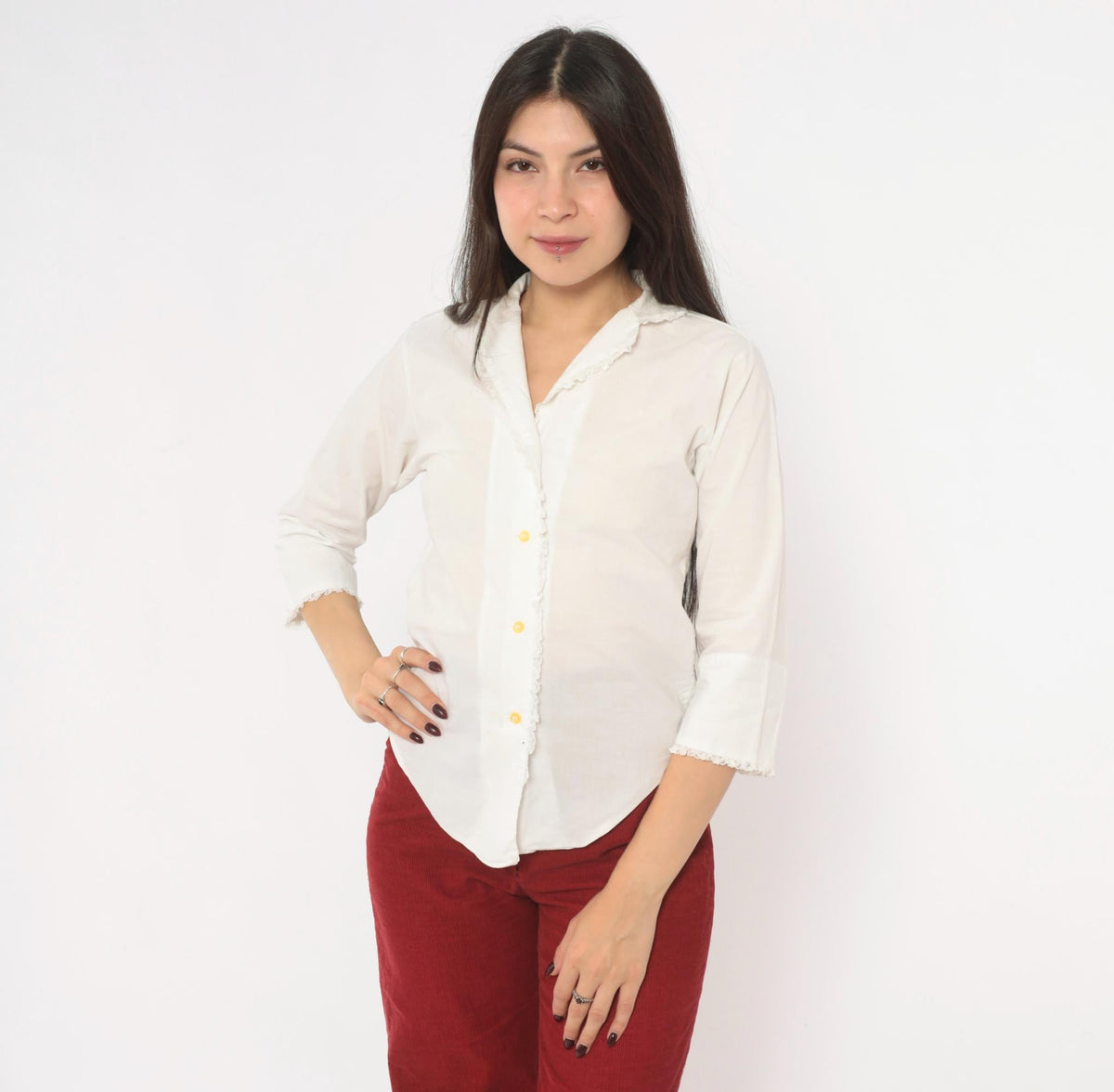 70s Lady Manhattan White Cotton Blouse Lace Trim V Neck Three Quarter Sleeve Extra Small