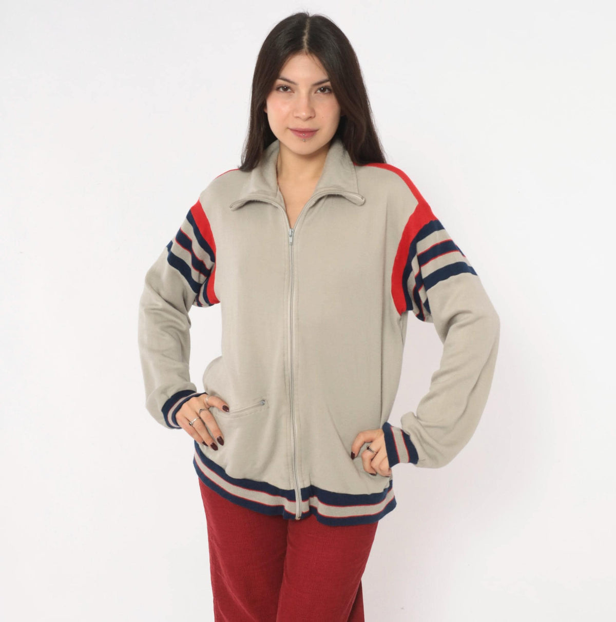 80s Track & Court Zip Jacket Grey Navy Red Stripe Bomber Medium