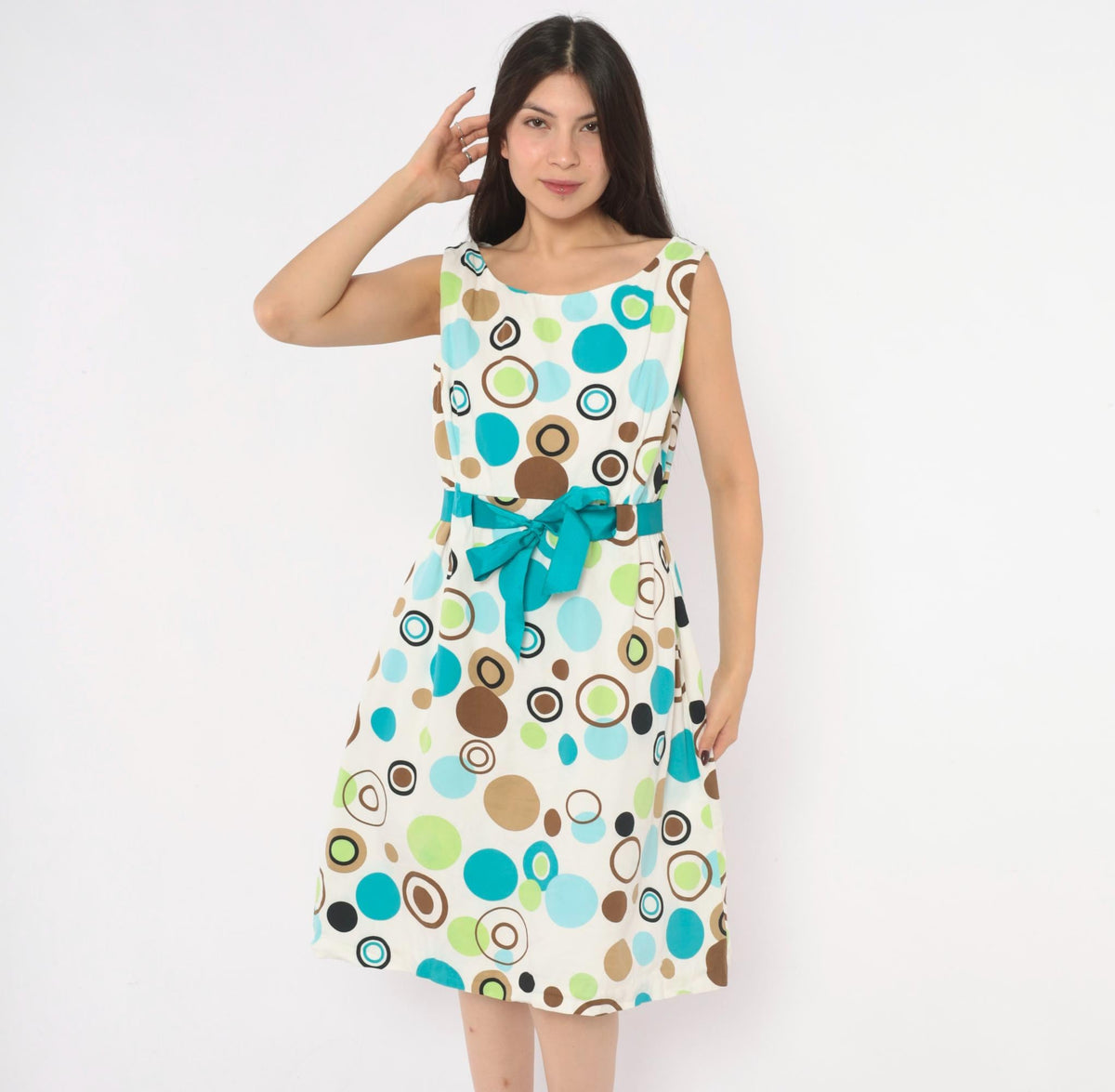 90s Jessica Howard White Polka Dot Sundress Teal Green Brown Knee-Length Large L