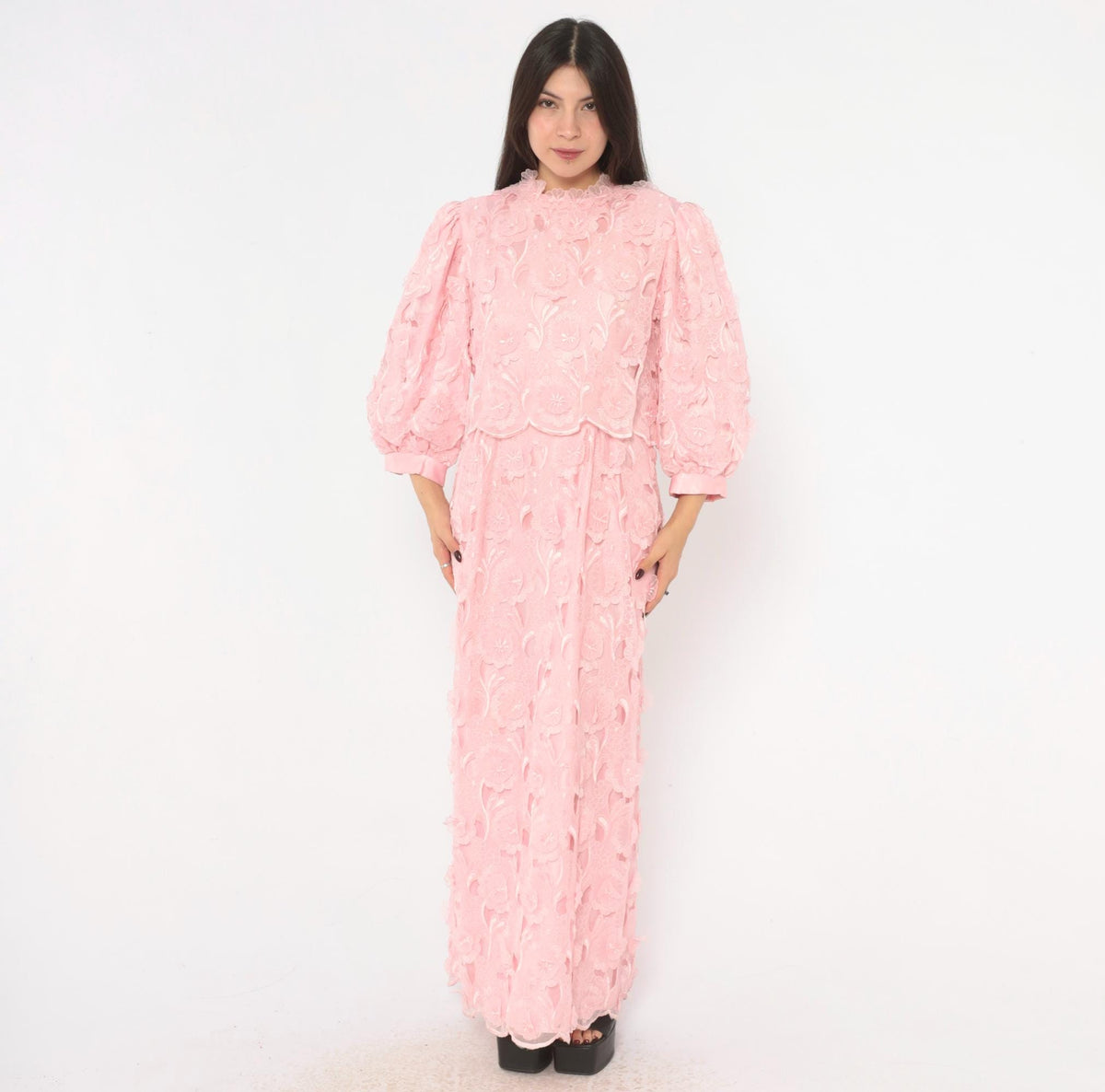 80s Bernadette Designs Pink Maxi Dress Floral Embroidered Puff Sleeve Large L
