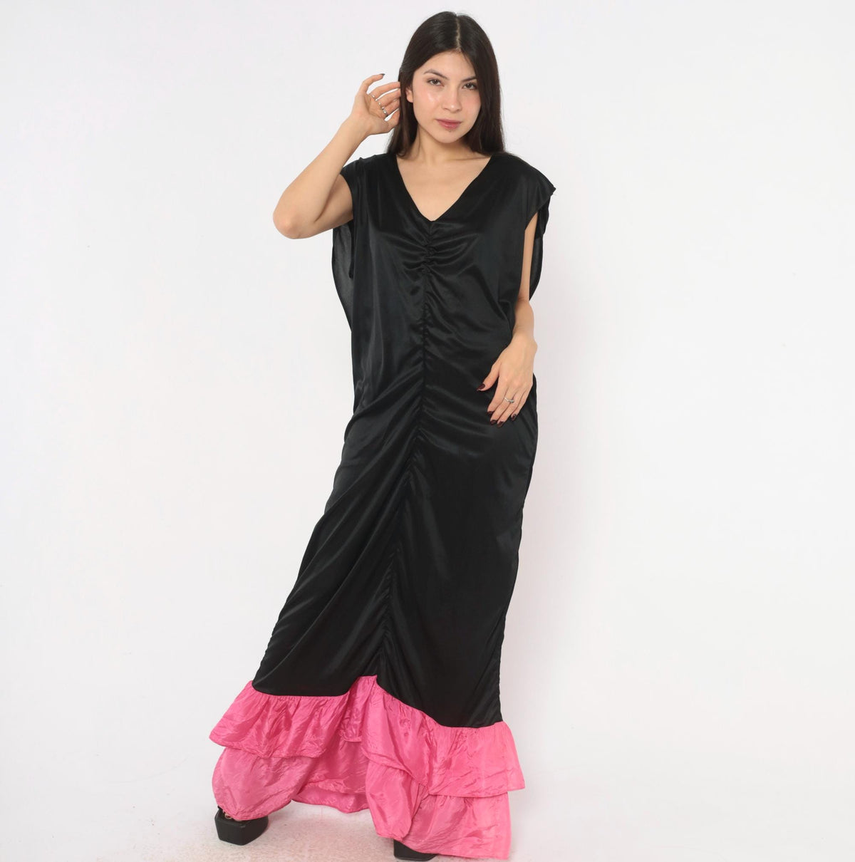 80s Black Satin Maxi Dress Fuchsia Ruffle Cowl Open Back Evening Gown Extra Large
