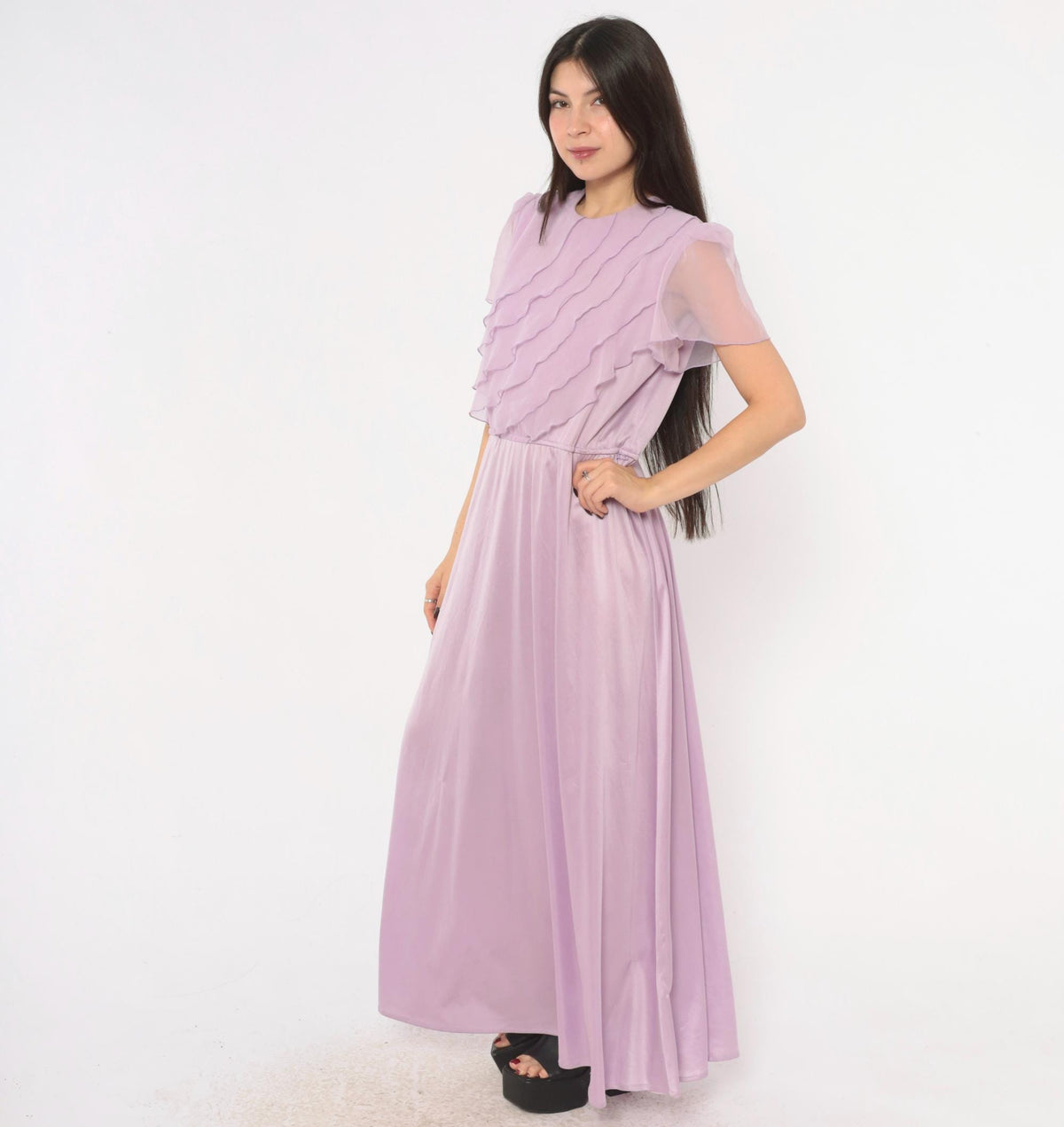 70s Lilac Chiffon Maxi Dress Flutter Sleeve A-Line Purple Pastel Large L