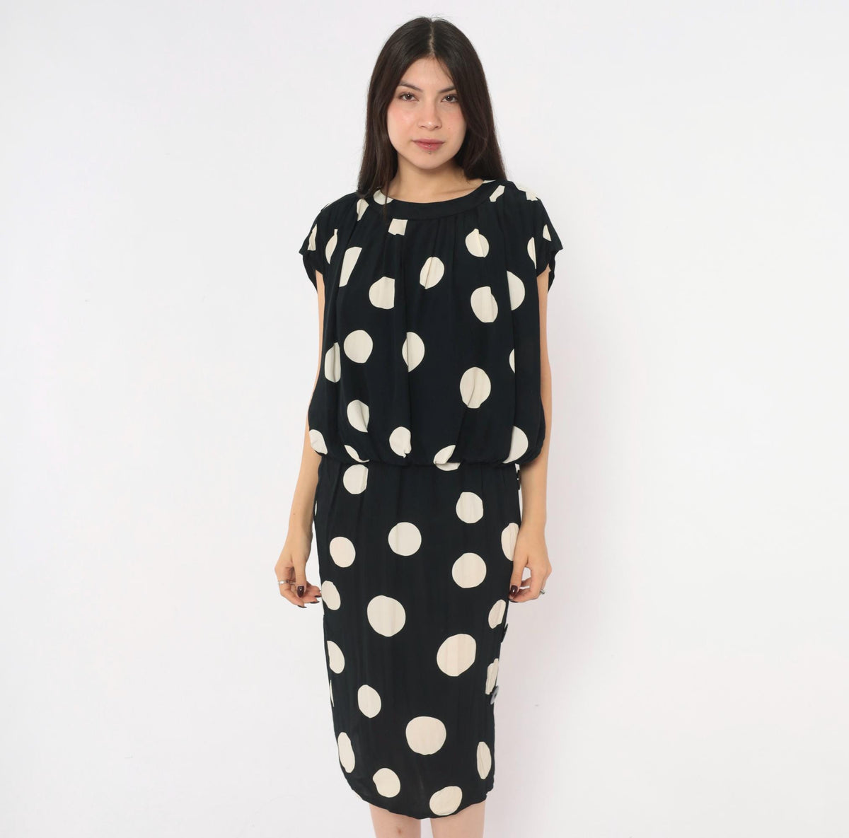 90s Chetta B Polka Dot Midi Dress Black Cream Cap Sleeve Small S