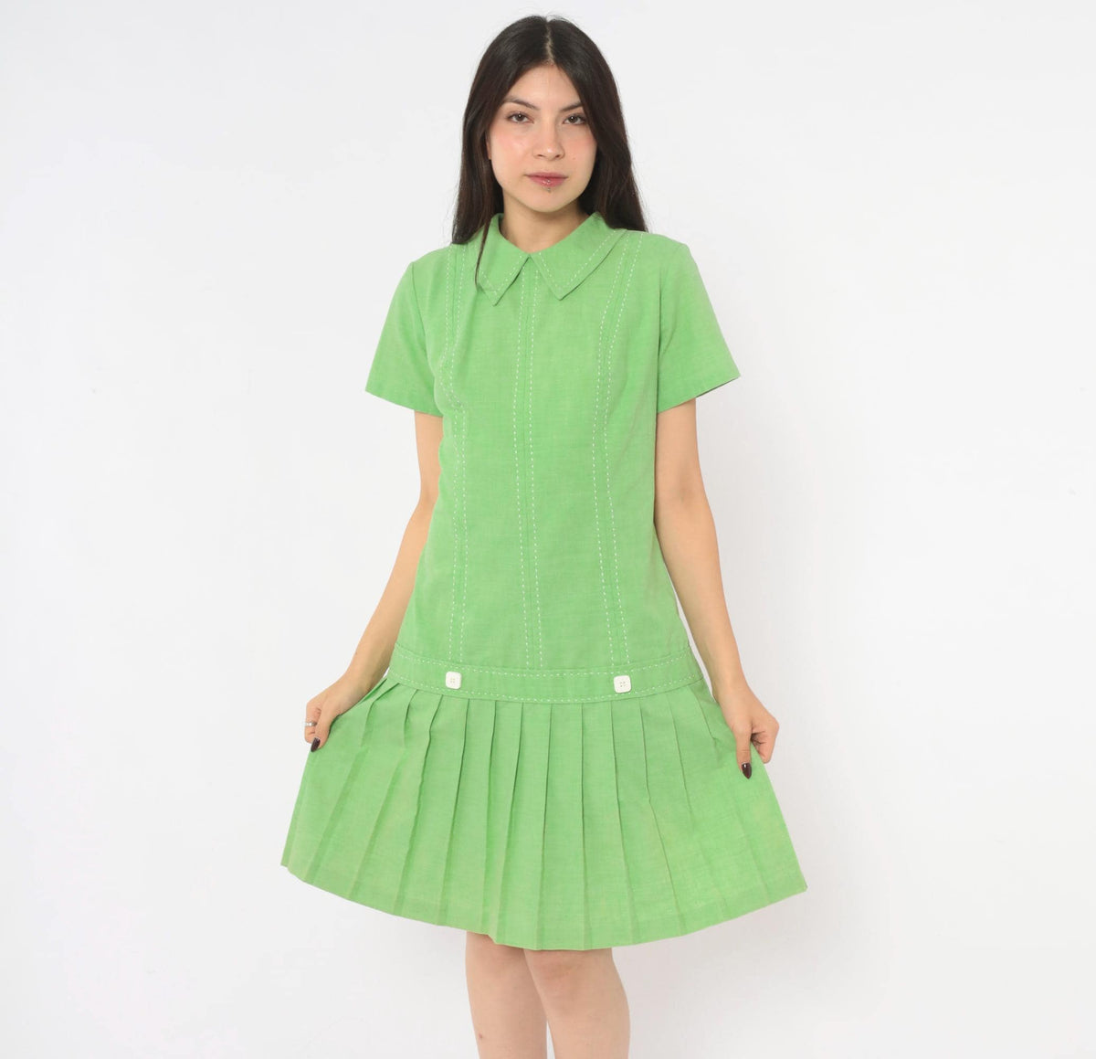 60s Mod Lime Green Shift Dress Peter Pan Collar Pleated Skirt Medium M